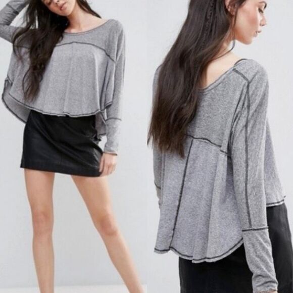 Free People Cloud Nine Boxy Long Sleeve Linen Blend Swing Tee Shirt Gray Size XS - Picture 1 of 12